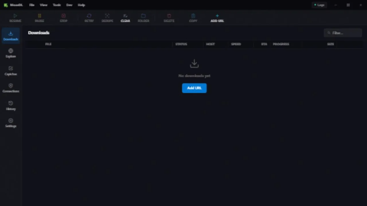 MossDL Downloads view, showing the file table and Add URL control with an empty queue.